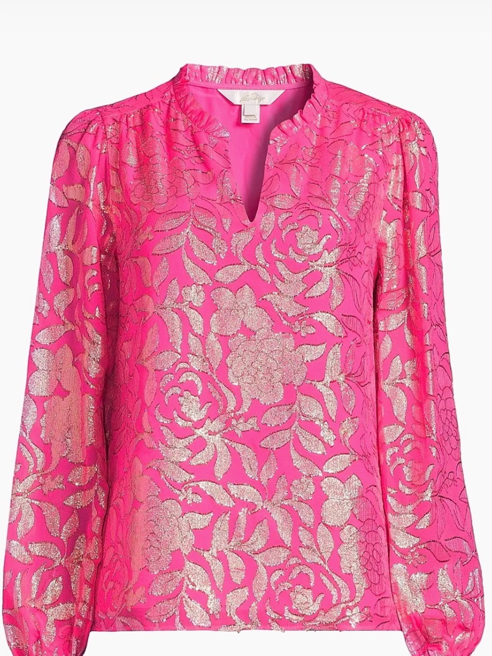 Lilly Pulitzer long sleeve pink and gold metallic silk top, size small. NWT